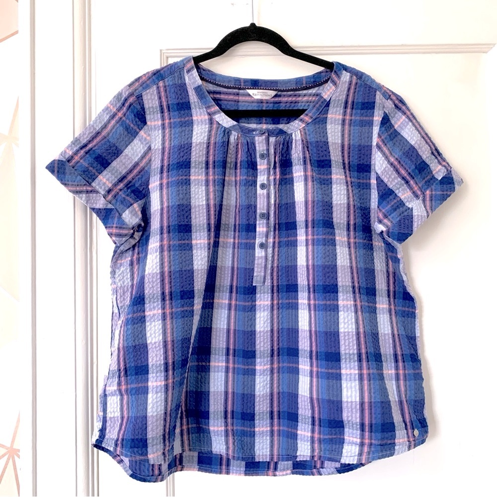 Crinkle Cottagecore 100% Cotton Short Sleeve Top Blouse Popover Seersucker Large